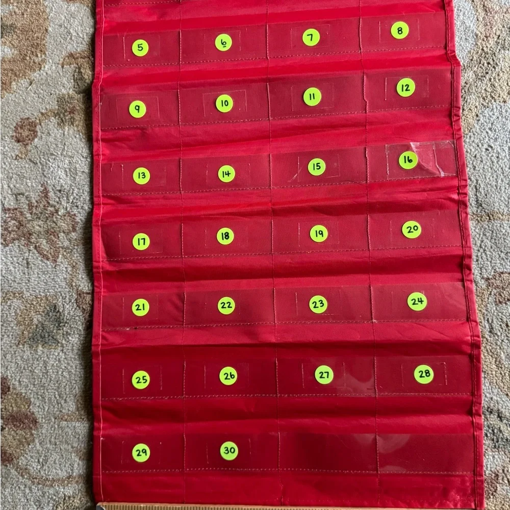 Red Organizer with Numbered Pockets 25”x16” total 32 pockets